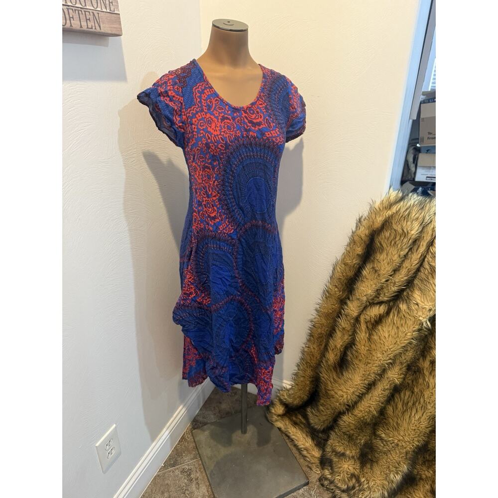 Women’s Boho Lounge shift Dress From Thailand, Blue Red Size Small
